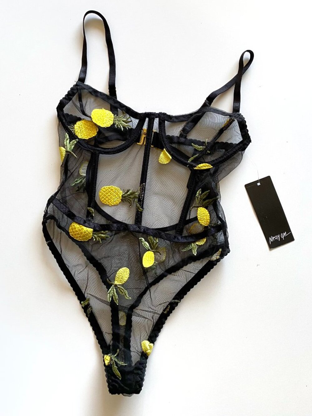 Nasty Gal Lemon Embroidered Underwired Black Lingerie Bodysuit NWT Size M